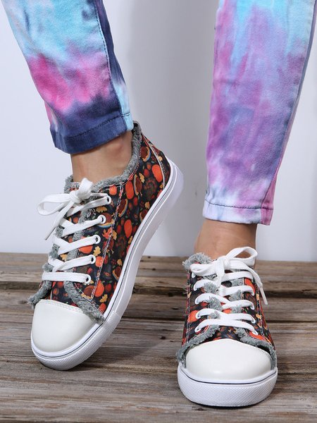 

Floral Leaf Graphics Lace-Up Canvas Shoes, Orange, Sneakers