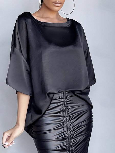 Half sleeve Loose Plain Crew Neck Elegant T-Shirt, Black, Blouses and Shirts