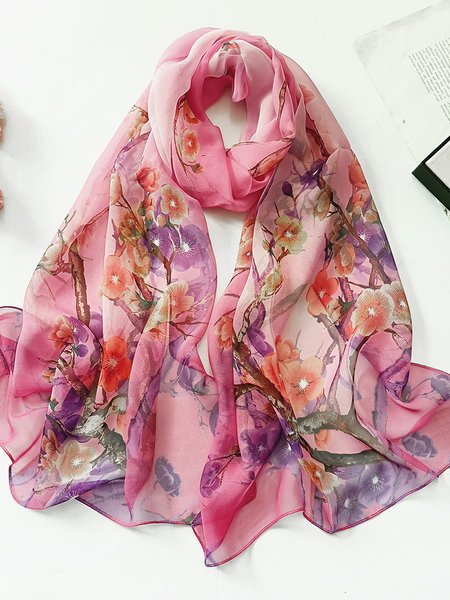 

Boho Style Silk Floral Plum Blossom Scarf Neck Beach Vacation Accessories, Deep pink, Women Scarves & Shawls