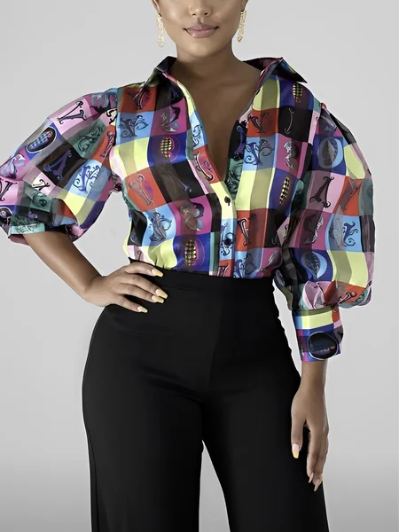 

Elegant Shirt Collar Abstract Regular Fit Blouse, Multicolor, Blouses and Shirts