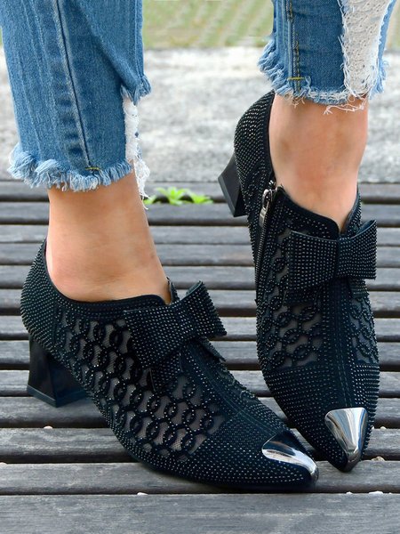 

Party Bow Decor Rhinestone Breathable Mesh Chunky Heel Pumps, Black, Heels