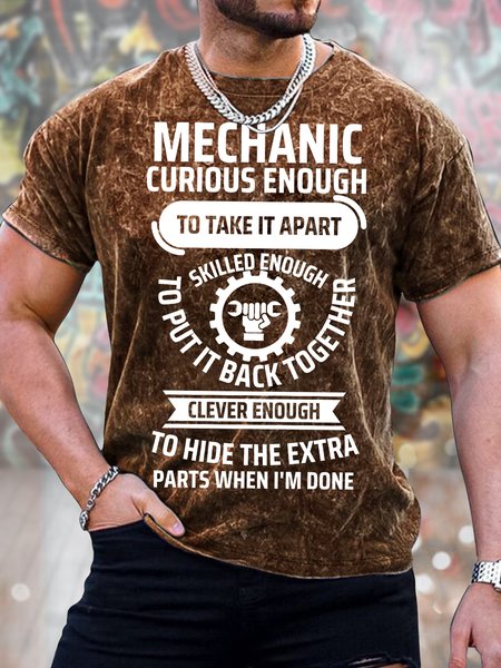 

Men's Mechanic Curious Enough To Take It Apart To Put It Back Together Clever Enough To Hide The Extra Parts When I’M Done Funny Graphic Printing Text Letters Crew Neck Casual T-Shirt, Brown, T-shirts