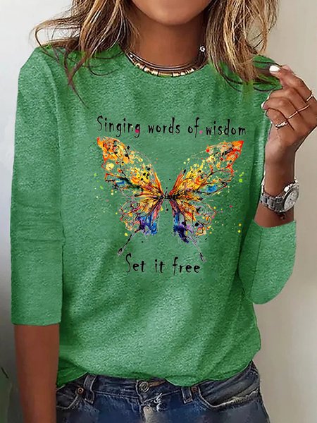 

Butterfly Long sleeve Loose Casual T-Shirt, Green, T-shirts