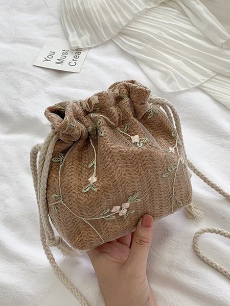 

Floral Embroidery Woven Bucket Bag, Brown, Bags