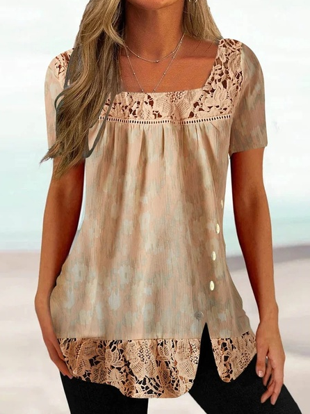 

Casual Square Neck Lace Loose Shirt, Yellow brown, Shirts & Blouses