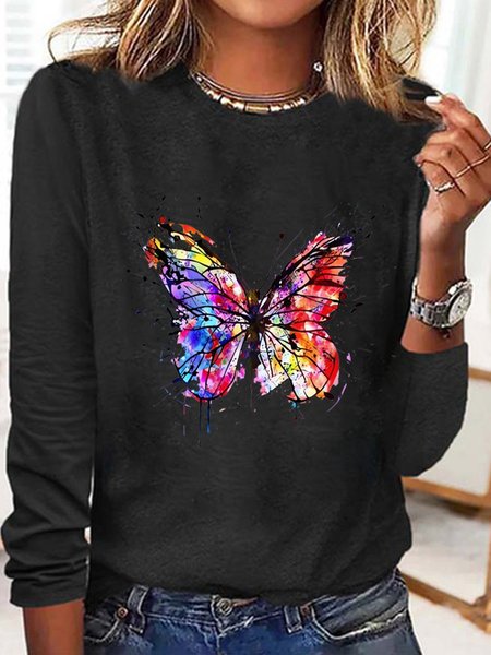 

Women's Butterfly Simple Long Sleeve T-Shirt, Black, Long sleeves