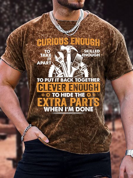 

Men's Curious Enough To Take It Apart Skilled Enough To Put It Back Together Funny Graphic Print Casual Crew Neck Loose Text Letters T-Shirt, Brown, T-shirts