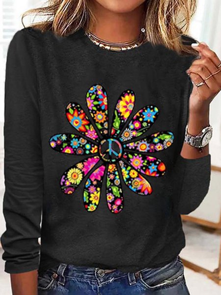 

Women's Sunflower Crew Neck Simple Long Sleeve Top, Black, Long sleeves