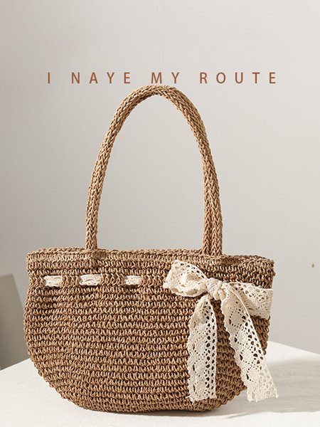 

Beach Vacation Lace Bow Straw Shoulder Bag, As picture, Women's Bags