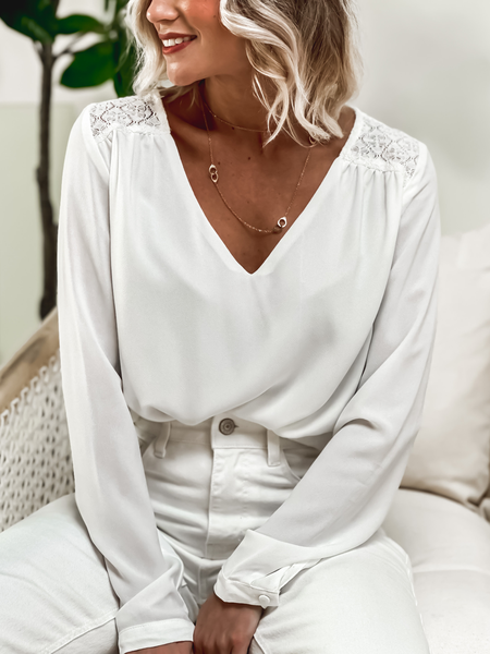 

Lace Casual Plain V Neck Shirt, White, Shirts & Blouses