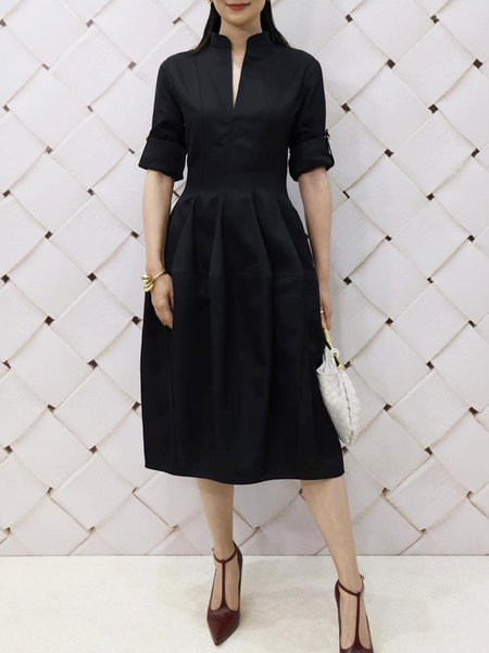 

V Neck Elegant Regular Fit Plain Dress, Black, Midi Dresses