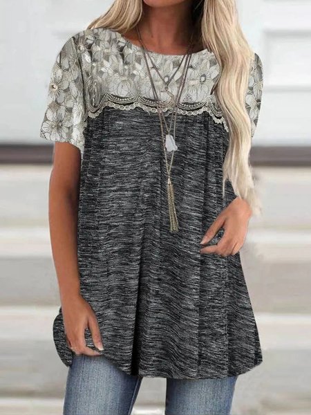 

Crew Neck Floral Casual T-Shirt, Deep gray, T-Shirts