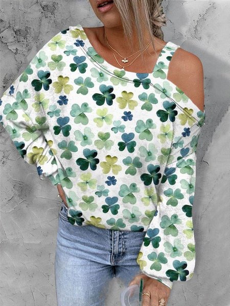 

Retro St.Patrick's Day Regular Fit Shamrock Casual Asymmetrical T-Shirt, Green, T-Shirts