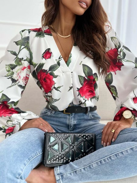 

Floral Print Elegant V Neck Loose Blouse, White, Blouses and Shirts