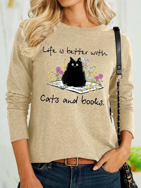

Women’s Life Is Better With Cats And Books Casual Polyester Cotton Text Letters Shirt, Khaki, Long sleeves