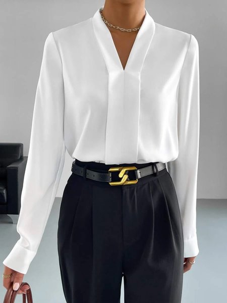 

Long sleeve Elegant Plain Regular Fit V Neck Blouse, White, Blouses and Shirts