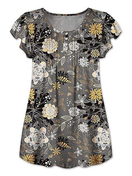 

Loose Ruffled Sleeves Buttoned Casual T-Shirt, Gray, T-Shirts