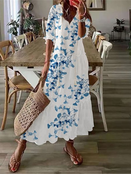 

V Neck Floral Boho Loose Tiered Dress, Blue, Dresses