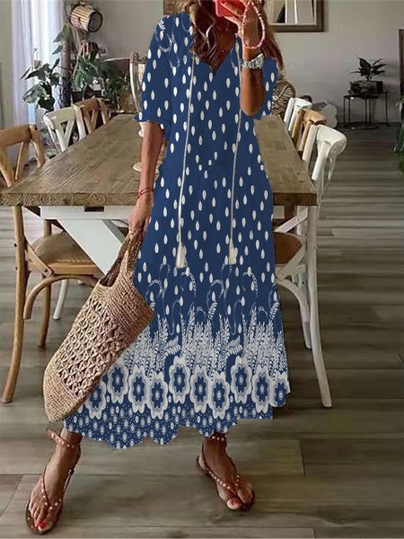 

Boho Floral V Neck Dress, Blue, Dresses