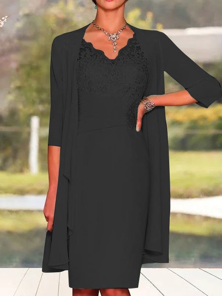 

Elegant Plain Lace Stitching Vest Knitted Dress & Cardigan Two-piece Set, Black, Mini Dresses