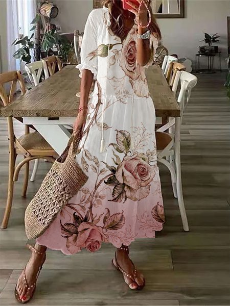 

Boho V Neck Loose Floral Dress, Multicolor, Dresses
