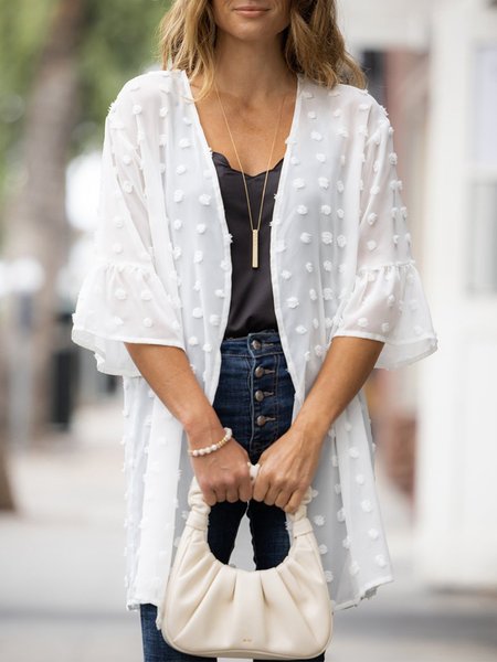 

Wrap Loose Casual Ruffled Sleeves Plain Kimono, White, Cardigans