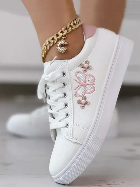 

Butterfly Embroidery Lace-Up Sneakers, Pink, Sneakers