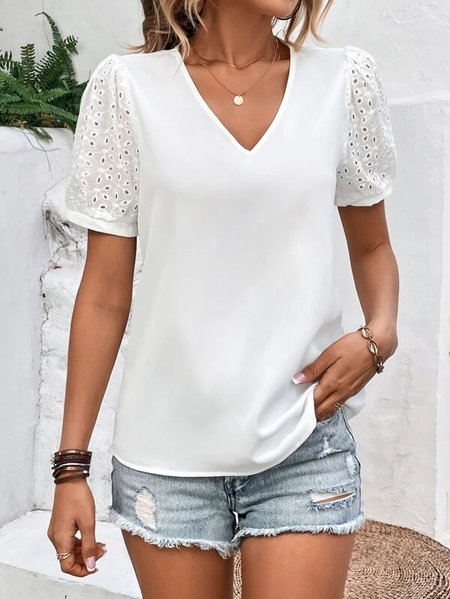 

Lace Loose V Neck Casual T-Shirt, White, T-Shirts