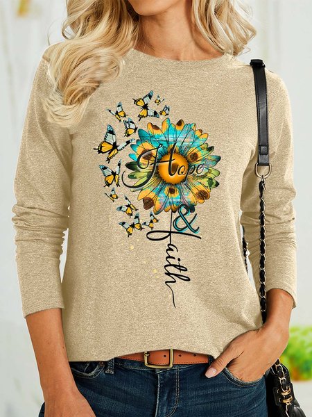 

Women’s Hope Faith Butterflies Sunflower Loose Crew Neck Casual Shirt, Khaki, Long sleeves