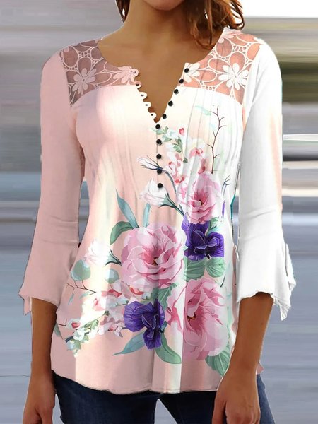 

Regular Fit Floral Casual V Neck Shirt, Pink, Shirts & Blouses