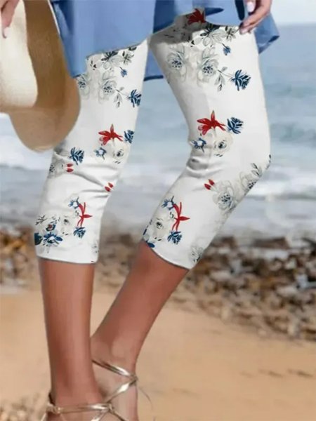 

Casual Tight Floral Leggings, White, Leggings