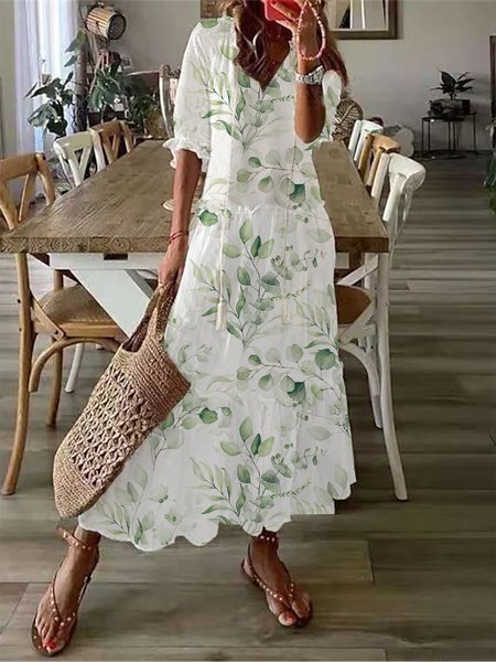 

Loose V Neck Boho Floral Dress, Green, Maxi Dresses