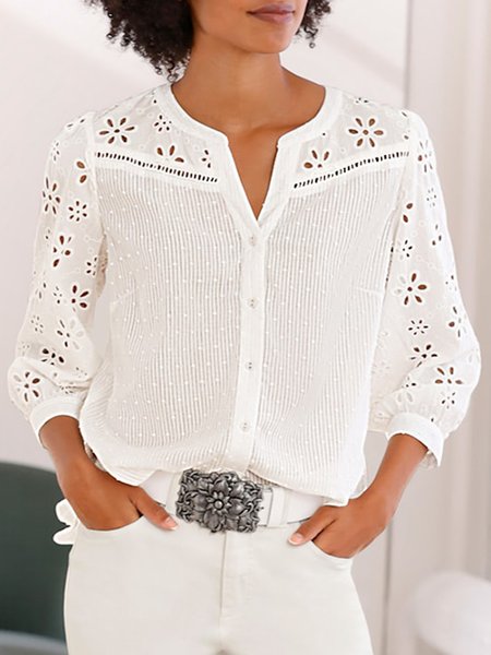 Elegant V Neck Plain Blouse, White, Blouses & Shirts