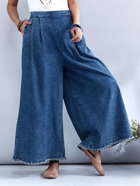 

Loose Denim Elastic Waist Wide Leg Pants, Blue, Jeans