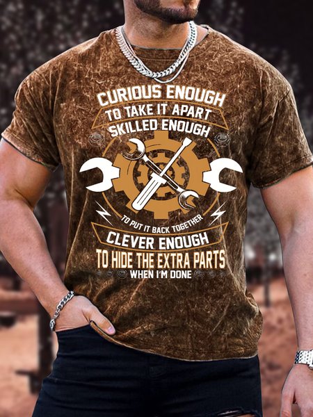 

Men's Curious Enough To Take It Apart Skilled Enough To Put It Back Together Funny Graphic Print Loose Text Letters Casual T-Shirt, Brown, T-shirts