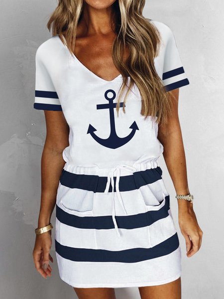 

V Neck Anchor Sea Casual Dress, White, Dresses
