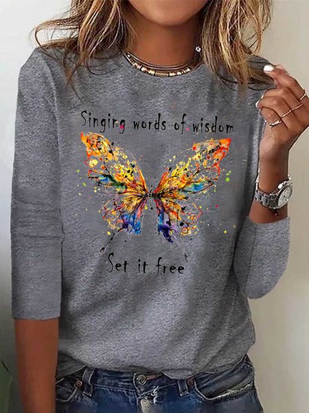 

plus size Butterfly Long sleeve Loose Casual T-Shirt, Gray, TOPS