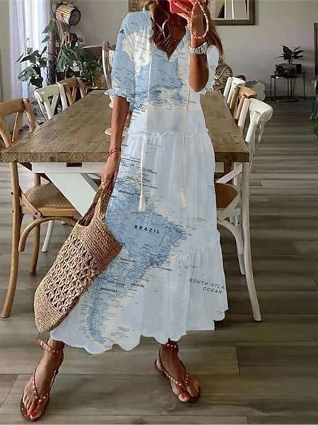 

Loose Map V Neck Boho Dress, Blue, Dresses