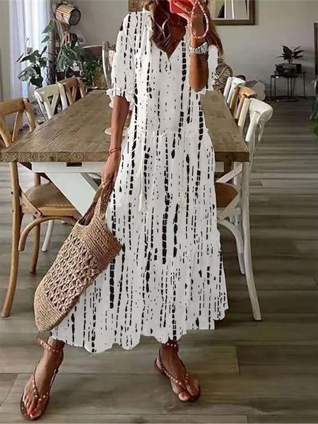 

Striped Boho V Neck Loose Dress, White, Dresses
