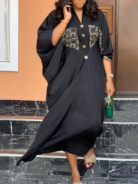 

V Neck Plain Urban Loose Dress, Black, Maxi Dresses