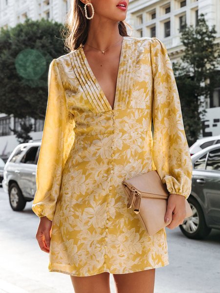

Regular Fit Floral Print V Neck Vacation Dress, Yellow, Mini Dresses