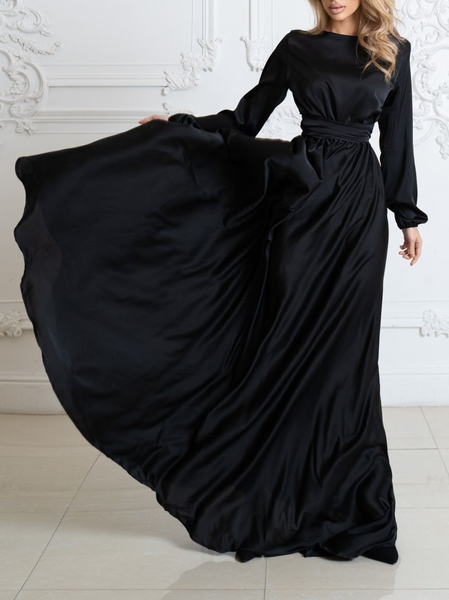 

Elegant Crew Neck Satin Dress, Black, Maxi Dresses