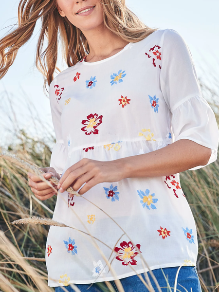 

Loose Casual Floral Crew Neck Shirt, White, Shirts & Blouses
