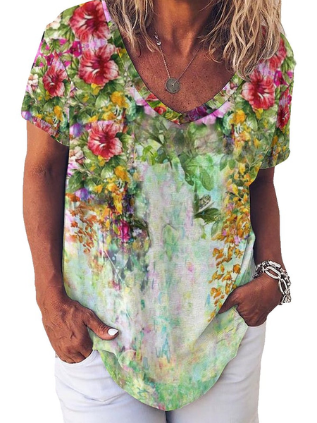 

Women's Art Print Floral Loose Casual T-Shirt, As picture, T-shirts