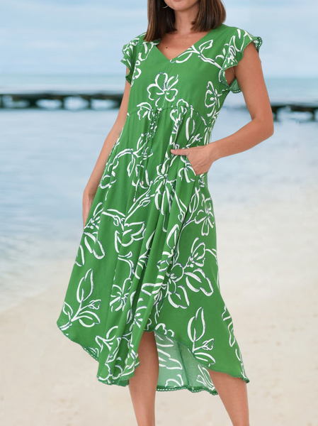 

Floral Casual Regular Fit V Neck Dress, Green, Dresses
