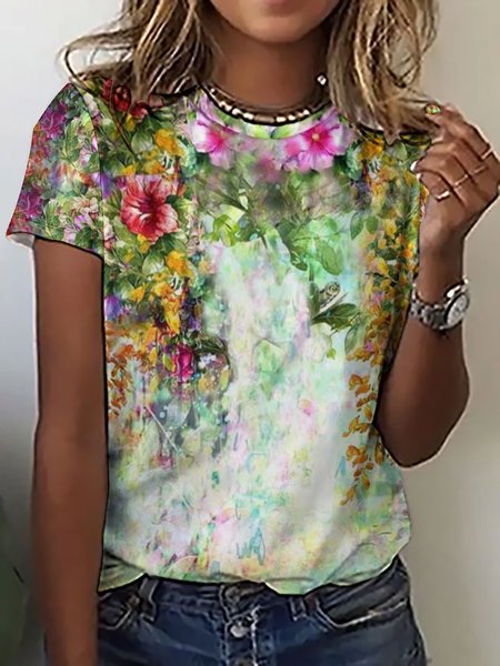 

Women's Art Print Floral Casual Crew Neck Loose T-Shirt, As picture, T-shirts