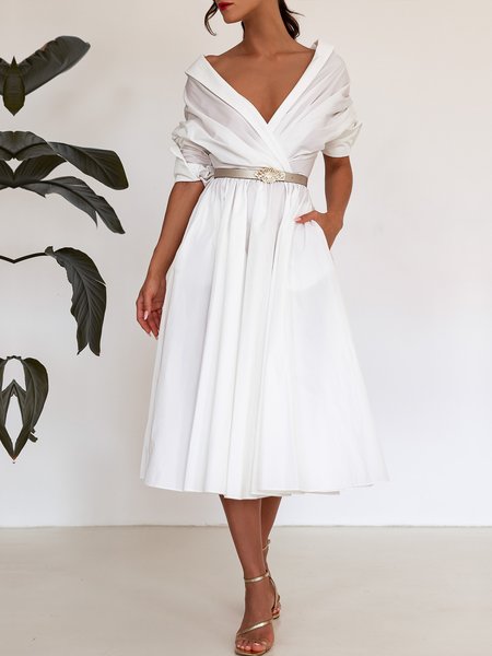 

Plain Regular Fit V Neck Elegant Dress, White, Midi Dresses