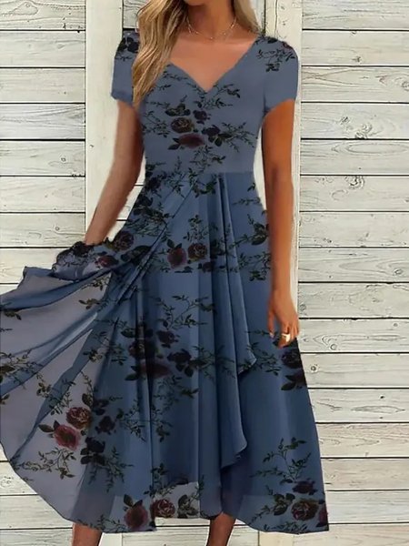 

V Neck Floral Regular Fit Casual Dress, Dark blue, Formal Dresses