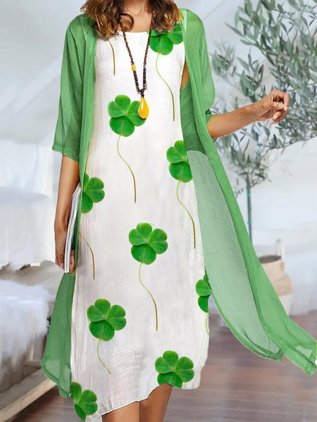 

Shamrock Vacation Loose Crew Neck Two-Piece Set, Green, Midi Dresses