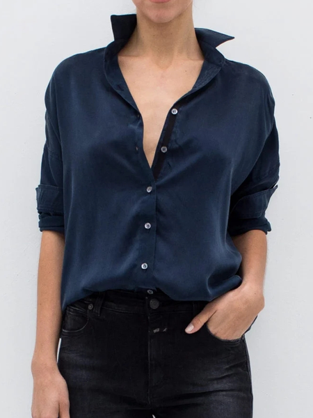 Plain Casual Shirt Collar Loose Blouse, Dark blue, Shirts & Blouses